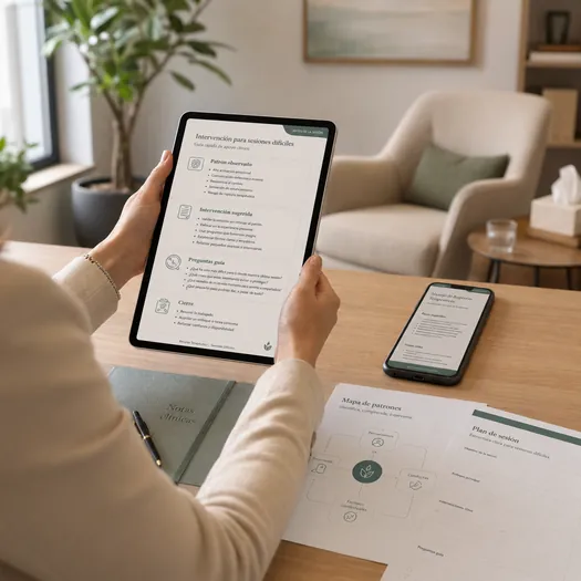 Terapeuta usando tablet, cuaderno de notas y material impreso