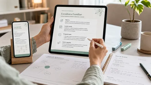 Terapeuta revisando material clínico en un entorno profesional